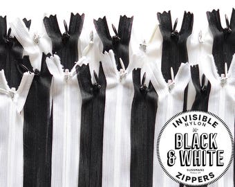 Invisible Zippers - Black & White Lot - Nylon Invisible Zippers Wholesale - 8" 10" 12" 14" 16" 18" 20" 22" 25" (10pcs)
