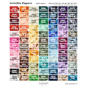 Puede incluir: Una tabla de colores de cremalleras invisibles de nylon al 100% en varios colores. La tabla está etiquetada con los nombres de los colores y los números correspondientes. La tabla incluye tamaños de 8 pulgadas a 25 pulgadas. La tabla está etiquetada con "Invisible Zippers" y "Sussman's Supply Co."