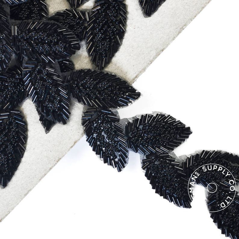 Beaded Trim Leaf Beaded Applique Trimming Black Etsy Canada