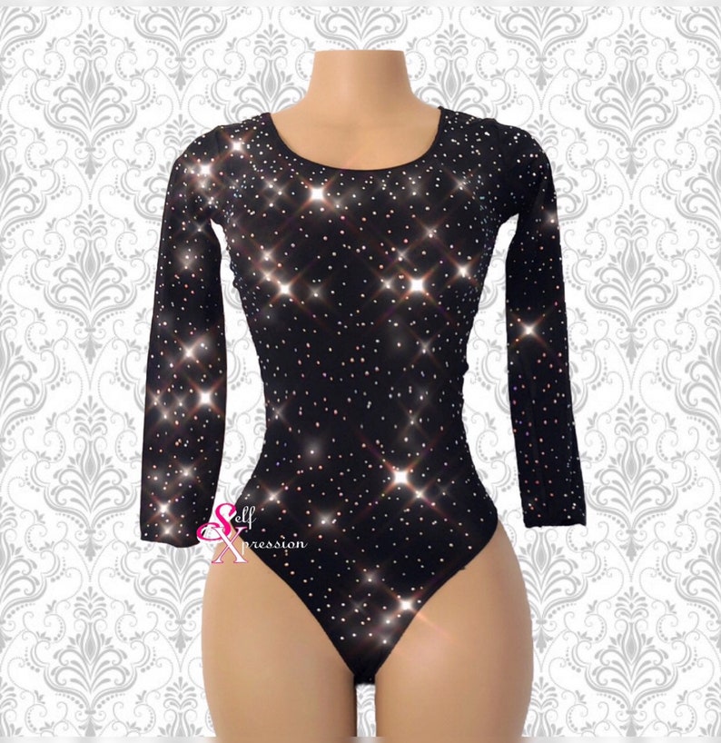 Embellished Black Bodysuit: Rhinestone black sheer Bodysuit SS-Encrusted-Cl...