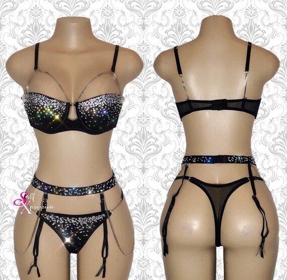 Lingerie Set- Bra, Thong & Garter Belt Sexy Lingerie Black Chains Rhine...