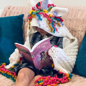 Unicorn Story Blanket - Crocheted Afghan-Fantasy Blanket- Unicorn features