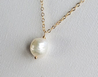 Delicate gold filled pearl pendant necklace with baroque ivory-white freshwater pearl; June birthstone; bridesmaid, bride, wedding, Kate