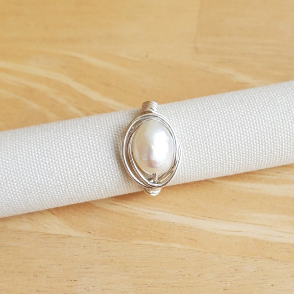 Sterling silver baroque pearl statement ring; June birthstone; wire wrapped white freshwater pearl and 925 silver; 100% recycled eco silver.