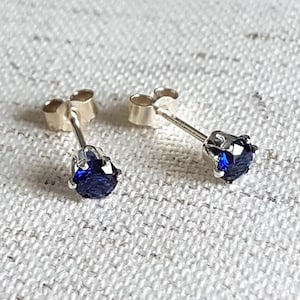 Sapphire and sterling silver stud earrings; 4mm blue sapphire; ethical gemstones; lab grown; September birthstone; bridesmaid, prom
