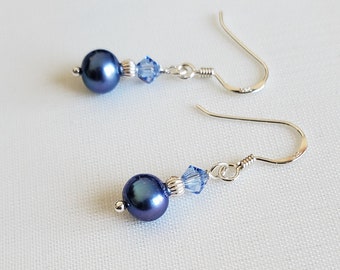 Sterling silver pearl drop earrings with mid-blue, denim blue freshwater pearls and blue Swarovski crystals; bridesmaid, prom