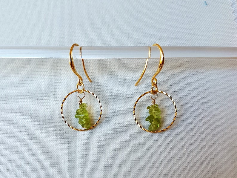 Gold plated drop earrings with sparkling gold plated hoop ring and green peridot gemstones dangle chakra earrings August birthstone