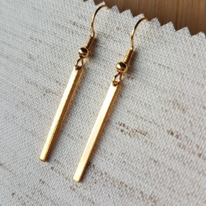Gold Plated Bar Drop Earrings, Dainty Dangle Style, matching necklace is available