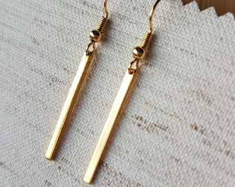 Gold Plated Bar Drop Earrings, Dainty Dangle Style, matching necklace is available