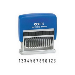 May include: A blue and white self-inking stamp with the text "COLOR mini-folio S120/13". The stamp has rotating number wheels and the numbers 1 through 3 are printed below the stamp.