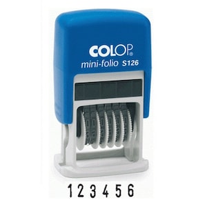 May include: Blue and white mini-folio number stamp with the brand name "COLOP" and the model number "S126". The stamp has six wheels with numbers 0-9 on them. The numbers 123456 are printed below the stamp.