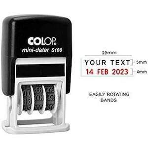 May include: A black and white self-inking date stamp with the brand name "COLOP" and the model name "mini-dater S160". The stamp has four rotating wheels for the date and a space for custom text. The stamp is 2.5 cm wide and the text area is 5 cm wide. The stamp is shown with the date "14 FEB 2023" and the text "YOUR TEXT".