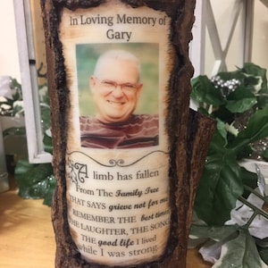 Memorial Candle Personalized Log Style. Personalize with picture, name, date, and use our pictured quote or choose one of your own.