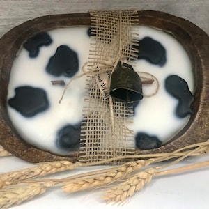 Cow Print Farm House Themed Candle, Burlap and cow bell, Wooden Wick dough bowl, highly scented Soy Based Wax 3 crackling wicks candle