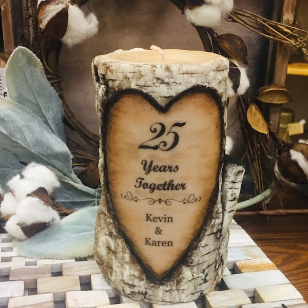 Birch Log Candle Personalized 25th Wedding Anniversary Soy Candle Names and Date Custom made any Anniversary names and date