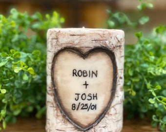 Wax Log Candle Personalized Carved Names and date Special Valentines Gift For Him Romantic Wedding favor Bridal Shower Gift for Her