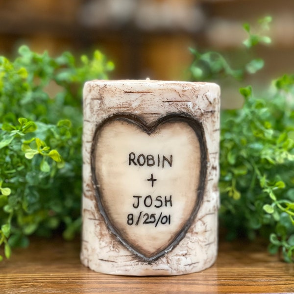 Wax Log Candle Personalized Carved Names and date Special Valentines Gift For Him Romantic Wedding favor Bridal Shower Gift for Her