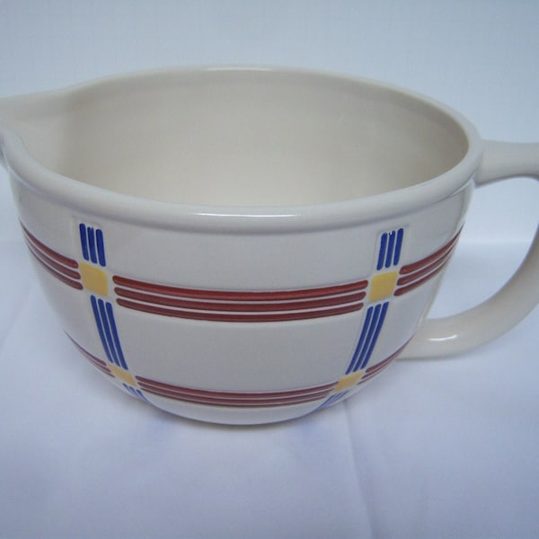 Longaberger Pottery Harvest Batter Bowl, Off White With a Plaid Design in Red, Yellow, Blue, Pre Owned, No Damage, Used?