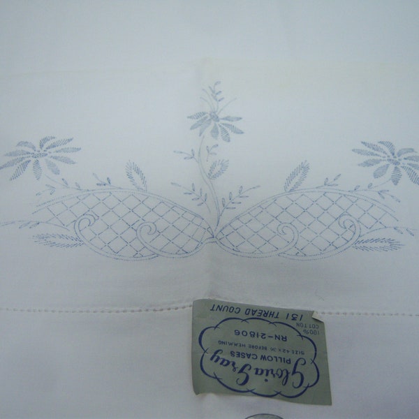 Vintage Gloria Gray Pillowcases Ready To Embroider 36" Long 42" Wide Before Heming Made In Japan Floral Design No Thread Or Instructions