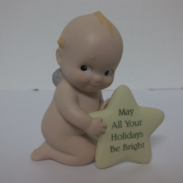 Vintage Jesco Kewpie, Bisque Figurine, Boy With Blue Wings, Holding a Holiday Star, Marked Jesco 1994, Repaired, Pre-Owned, No Original Box