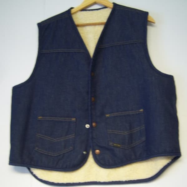 Vintage Sears and Roebuck, Man's Dark Denim Vest, Shearling Lined, Two Patch Pockets, Four Metal Snaps Up Front, Chest 46",  No Tags