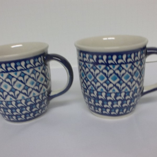 Polish Pottery, Boleslawice Pottery Mug, #310, Blue and White, Hand Painted In Poland, Two Mugs, Each Holds 12 Fluid Ounces, GCUC, No Damage