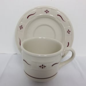 Vintage Longaberger, Cups and Saucers, Two Sets, You are Buying One Set, White With Red, Microwave, Dishwasher, Freezer and Oven Safe