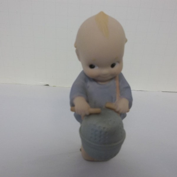 Vintage Jesco Kewpie, Bisque Figurine, Boy Blue Wings, Dressed In Blue, Playing Silver Drum, Marked Jesco 1994, Pre-Owned, No Original Boxes