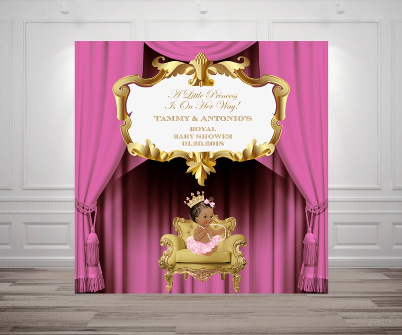Pink And Gold Princess Crown Baby Shower 1st Birthday Baptism Christening Baby Girl Backdrop Gold Chair Banner Queen Tiara