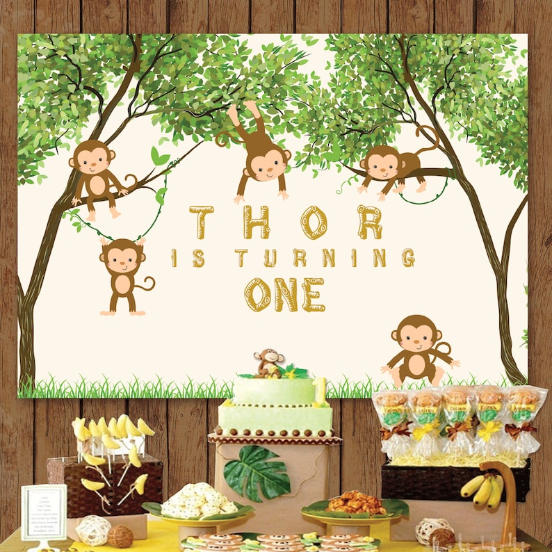 banana baby shower 1st birthday printable backdrop sign poster banner for dessert table monkey personalized safari jungle animals