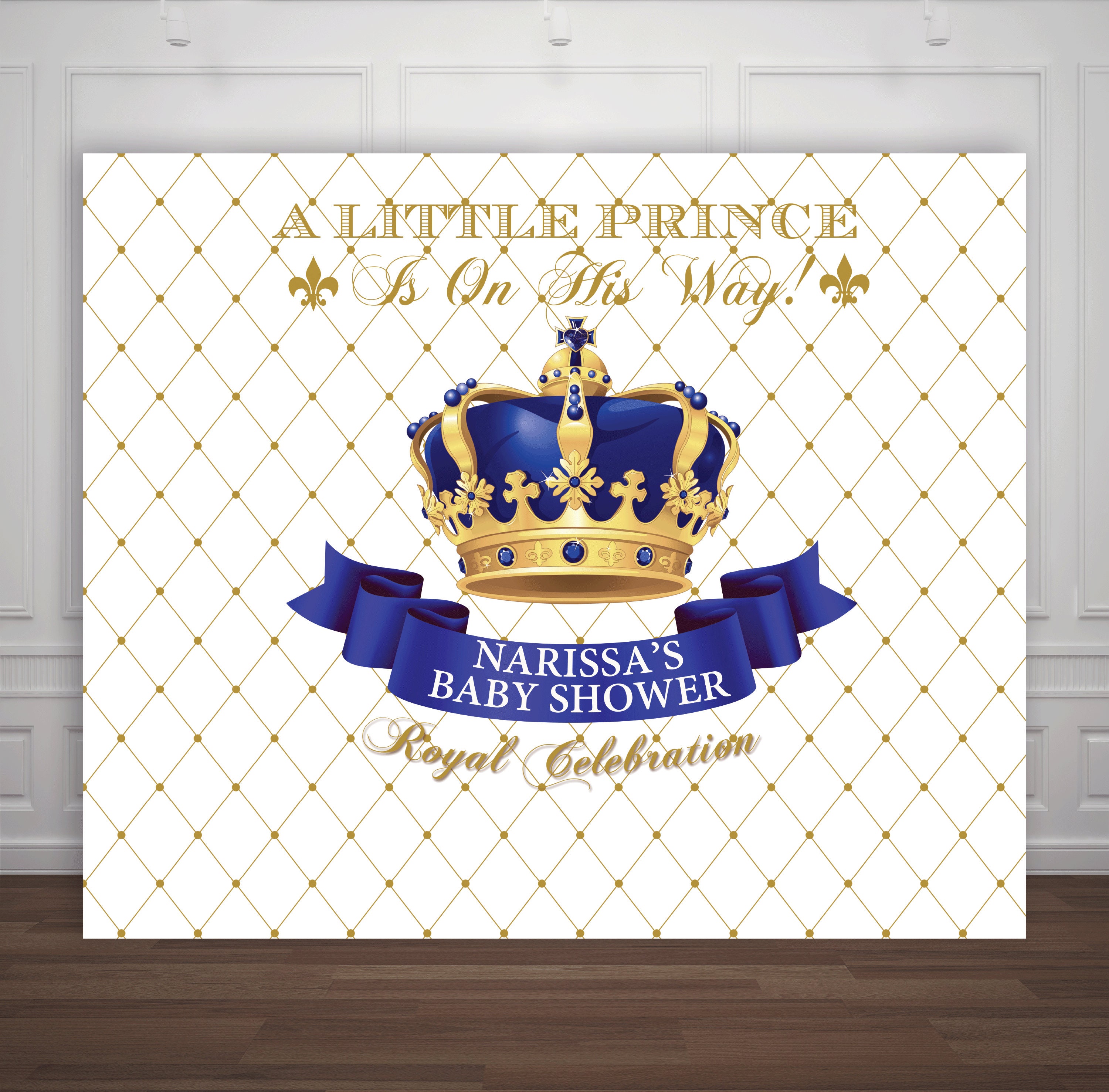 Gold And Royal Blue Prince Crown Baptism Christening Birthday Baby Shower Backdrop Sign Poster Banner Party