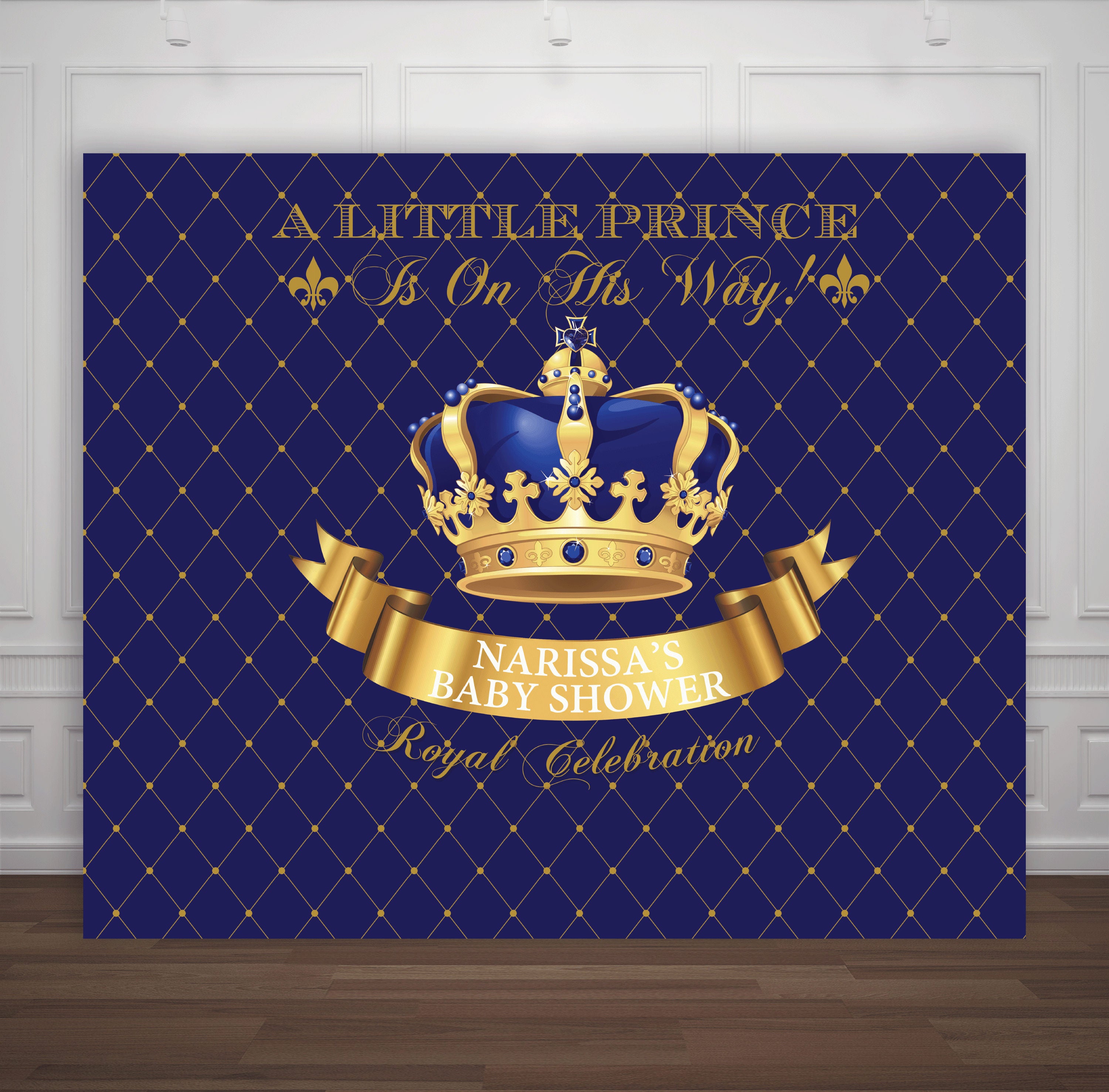Gold And Royal Blue Prince Crown Baptism Christening Birthday Baby Shower Backdrop Sign Poster Banner Party