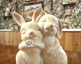 Vintage 1990 Homco "He Loves Me" Bisque Porcelain Hugging Bunny Rabbits Figurine
