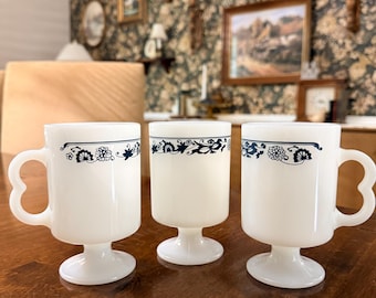 Vintage Old Town Blue (Blue Onion) pedestal milk glass coffee mug. set of 3