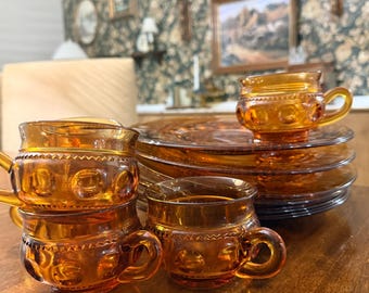 Vintage Amber Indiana Glass King's Crown Thumbprint Snack Set, 6 TOTAL SETS