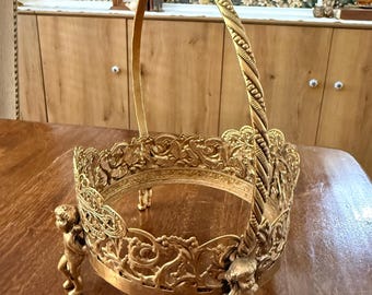 Vintage Gold Ormolu Cherub Footed Trinket Dish Basket