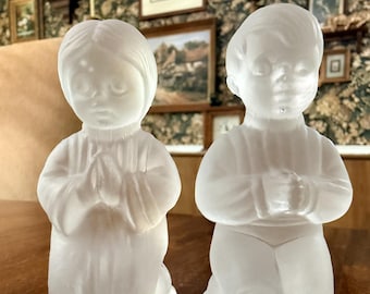 Vintage Frosted Glass Praying Children Figurines, 1970s German Art Glass