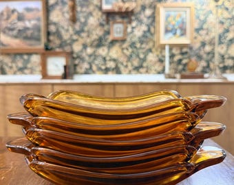 Vintage amber Indiana glass banana split boat dishes, set of 5