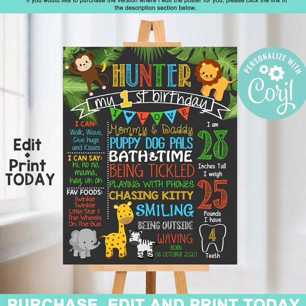 EDITABLE Safari First Birthday Sign Chalkboard Poster Boy Girl 1st Birthday party Safari Animals Jungle milestone DIGITAL - PRINTABLE