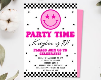 Smiley face Birthday Invitation, Editable Pink Happy Smiley Face Invite, Instant Download , Girl 1st Birthday Invitation