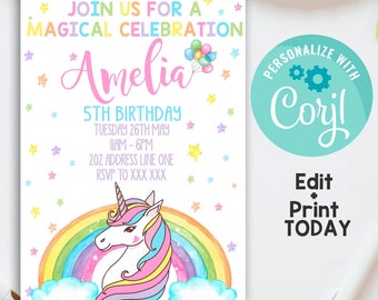 Editable Unicorn Birthday invitation | Unicorn Birthday Party | Invite | Unicorn theme | Girls 1st Birthday | DIGITAL FILE - PRINTABLE