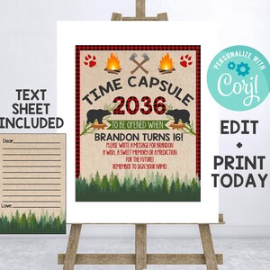 Editable Lumberjack Time Capsule, Open when 16, 2036 Buffalo Plaid Rustic chalkboard Boy Bear Printable 1st Birthday Decorations download