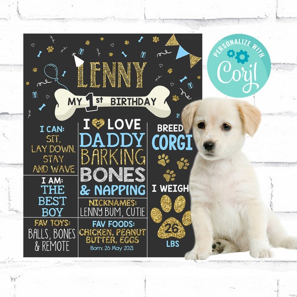 Dog Birthday Sign Poster Puppy Doggie Chalkboard Editable | 1st party | Photoshoot birthday milestone Pet | DIGITAL FILE - PRINTABLE Active