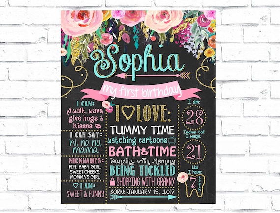 Boho Roses Floral First Birthday Chalkboard Poster| Shabby Chic Vintage Flowers | Pink | 1st Birthday Chalk Board | DIGITAL FILE - PRINTABLE Il_570xn