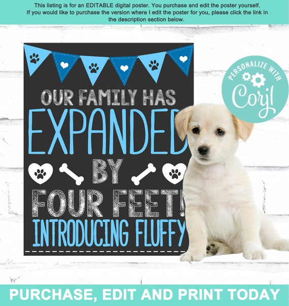 EDITABLE New Puppy Sign Chalkboard Announcement Poster | New dog Poster | Expanding by four feet | Doggy | DIGITAL - PRINTABLE Il_570xn