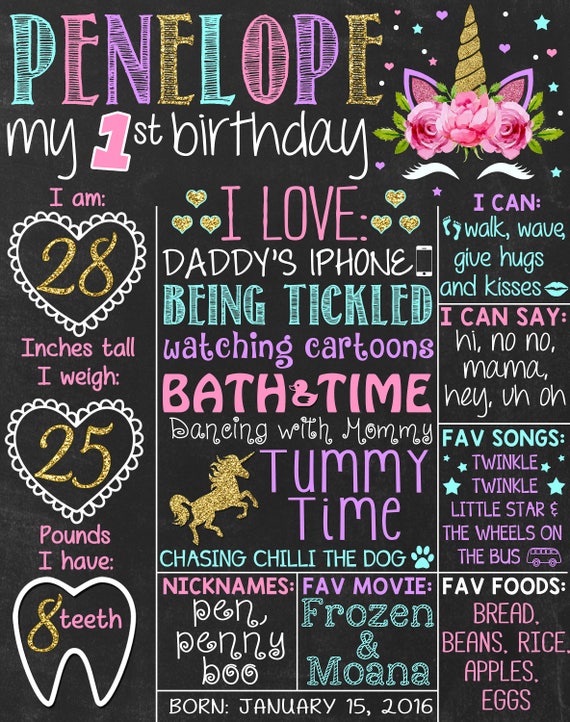Unicorn Glitter First Birthday Chalkboard Poster | Pastel Girl 1st Birthday Chalk Board | Pink Gold Hearts Stars | DIGITAL FILE - PRINTABLE Il_570xn