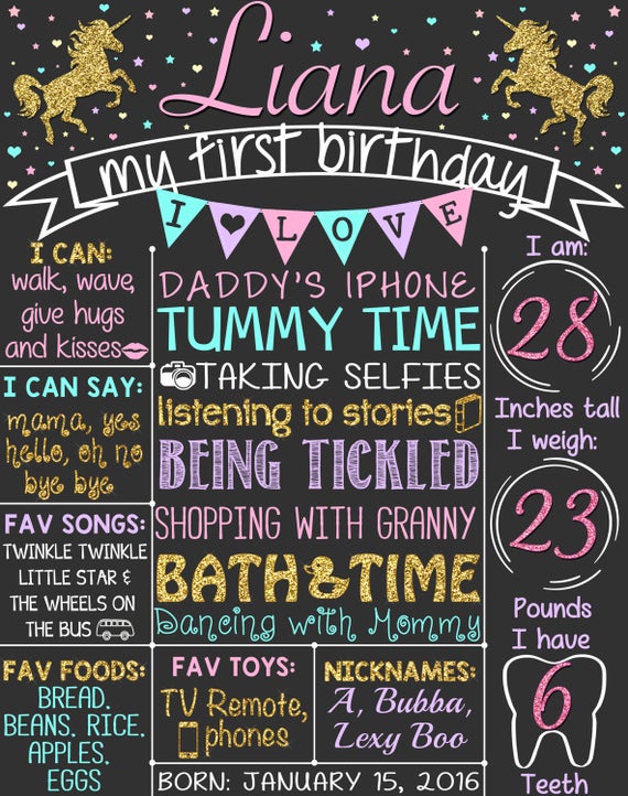 Unicorn Glitter First Birthday Chalkboard Poster | Pastel Girl 1st Birthday Chalk Board | Pink Gold Hearts Stars | DIGITAL FILE - PRINTABLE Il_570xn