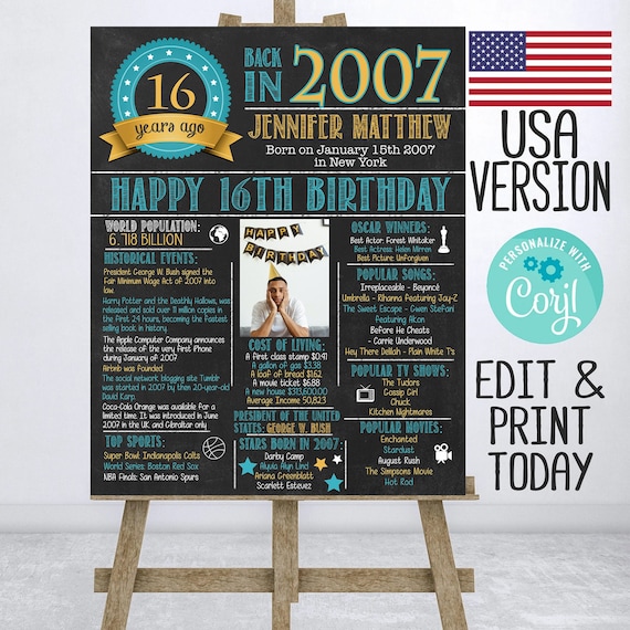 16 birthday Sign USA years ago Back in 2007 Personalized gift Editable photo 16th birthday poster 2007 Milestone Chalkboard 2023 USA Il_570xn