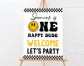 One Happy Dude Birthday Welcome Sign, Editable yellow Smiley Face Invite, Instant Download , Boy 1st Birthday Invitation