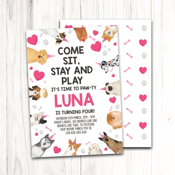 Lets Pawty Birthday Invitation Editable Girl Puppy Dog 